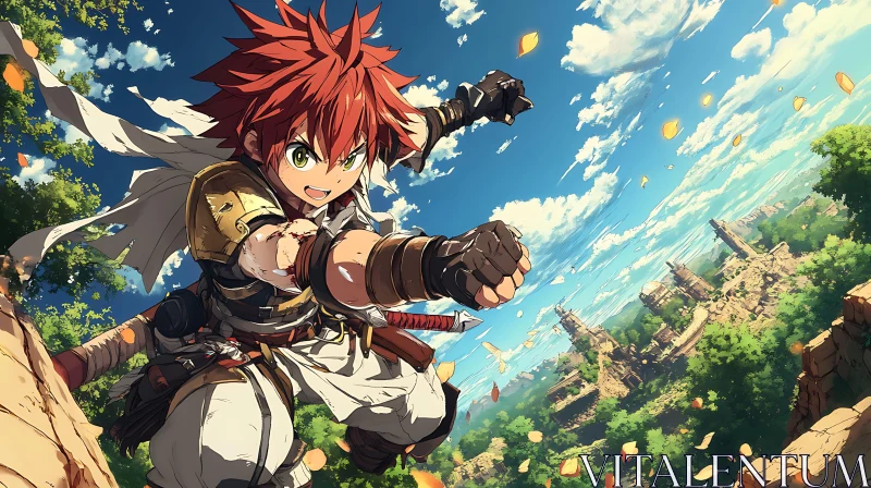 Action-Packed Anime Scene with Scenic Ruins AI Image