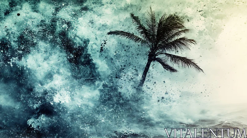 Ocean Storm with Palm Tree AI Image