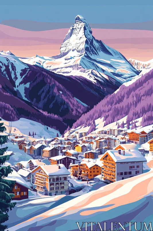 AI ART Snowy Mountain Village Scene