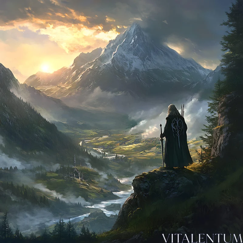 Warrior Contemplates Mountain Landscape at Dawn AI Image