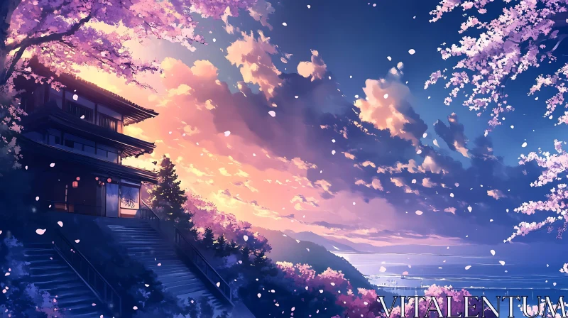 Cherry Blossom Sunset Landscape AI Image