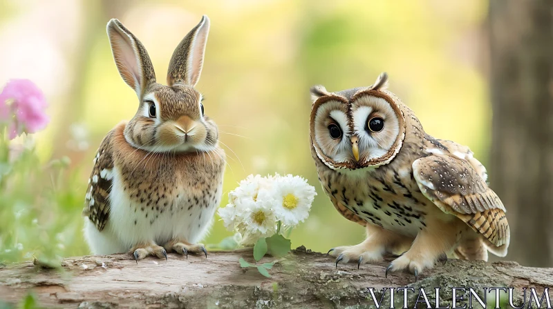 AI ART Woodland Companions: Rabbit and Owl Portrait