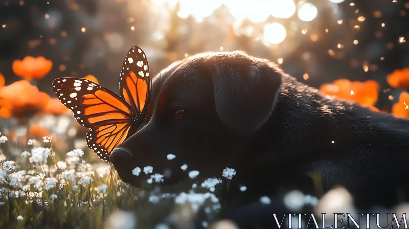 Dog and Butterfly Amidst Blossoms AI Image