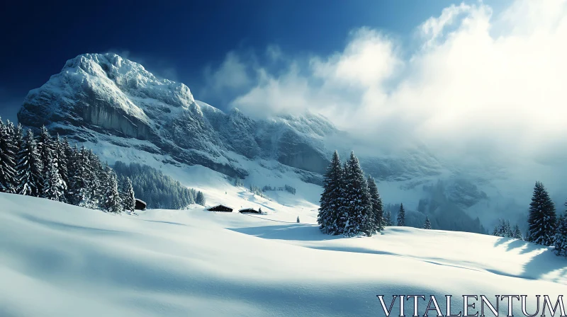 AI ART Tranquil Winter Scene with Snow-Capped Mountains