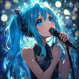 Blue-Haired Anime Singer Under Bokeh Lights