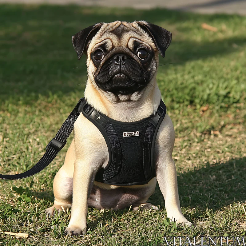 Cute Pug with Leash in Green Park AI Image