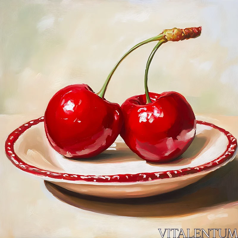 Pair of Cherries on Plate Art AI Image