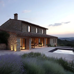 Scenic Evening View of a Stone Country House with Pool