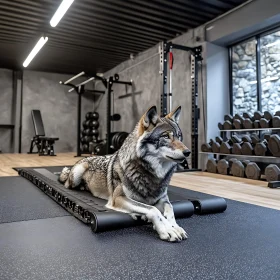 Wolf Resting in Modern Gym Setting