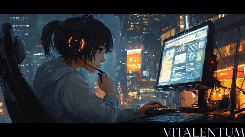 AI ART Rainy Night Gaming Anime Illustration