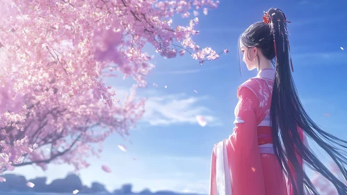 Anime Woman in Kimono with Cherry Blossoms