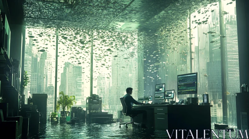 Flooded Office Space with Fish AI Image