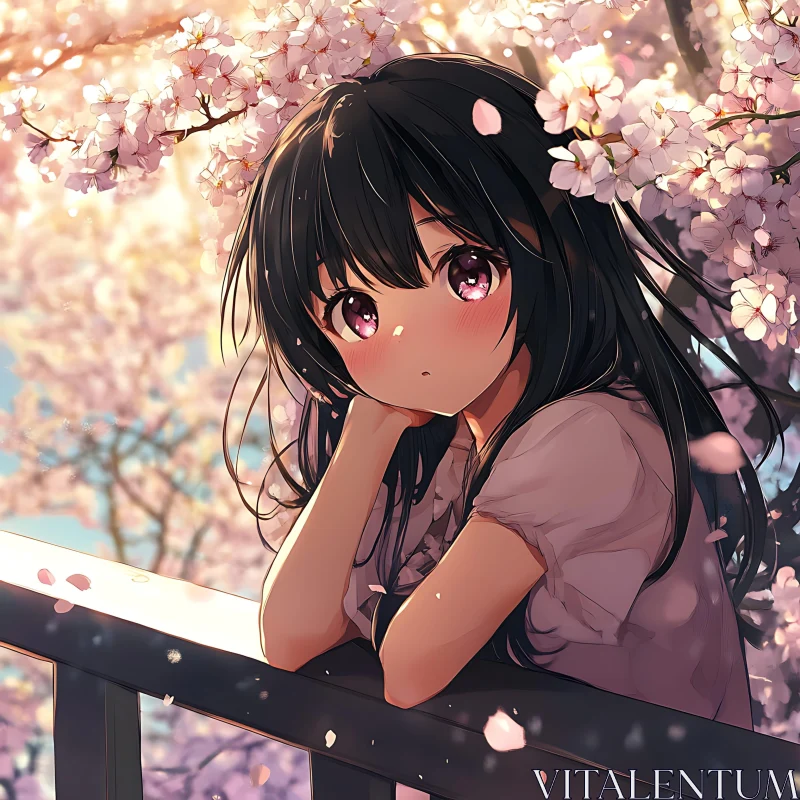 Thoughtful Anime Girl with Cherry Blossoms AI Image