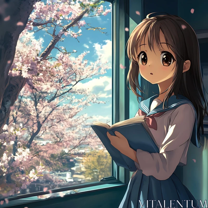 Anime Girl with Book and Cherry Blossoms AI Image