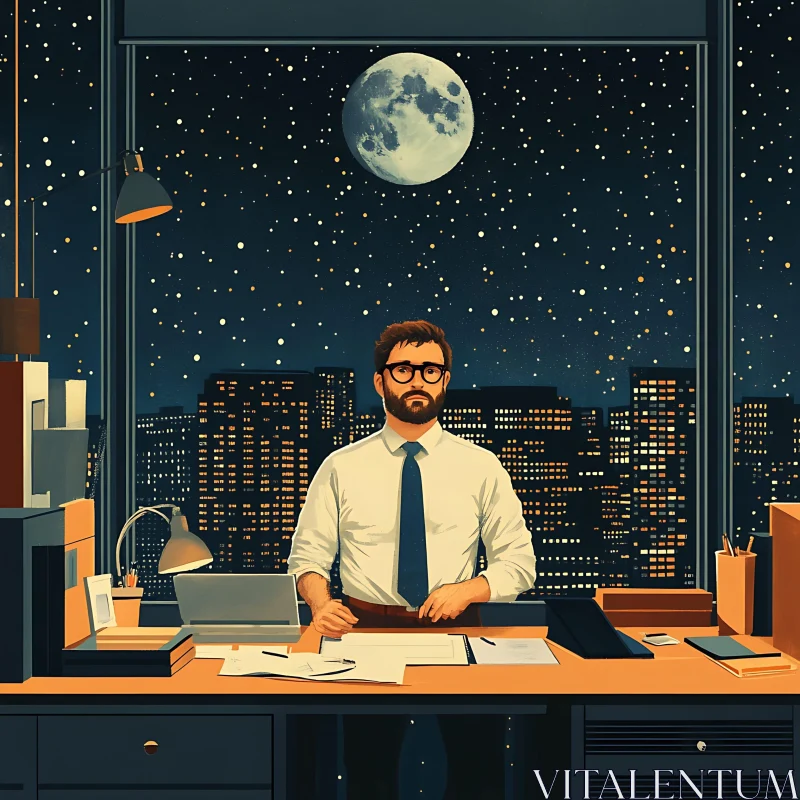 Man working late with moon view AI Image