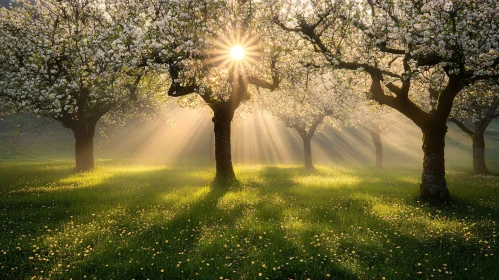 Sunlit Blossoming Trees in a Morning Meadow