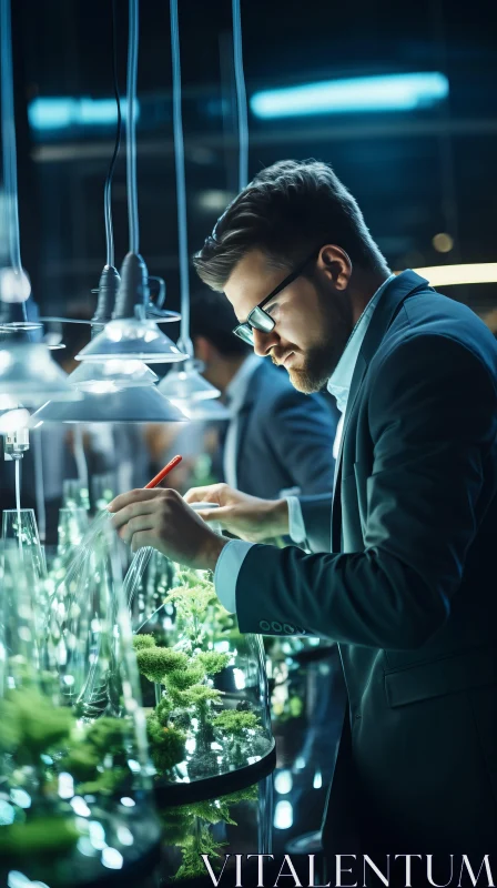 Businessman Observing Plant Growth in Laboratory Glass Tanks AI Image