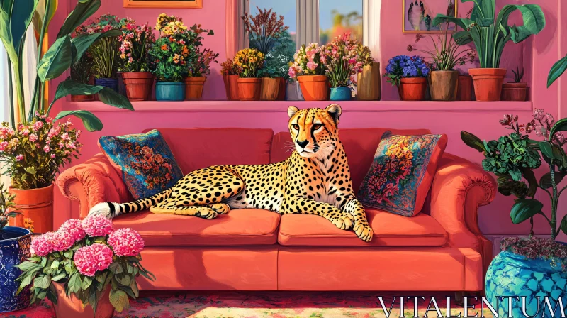 AI ART Elegant Cheetah Lounging in Floral Room