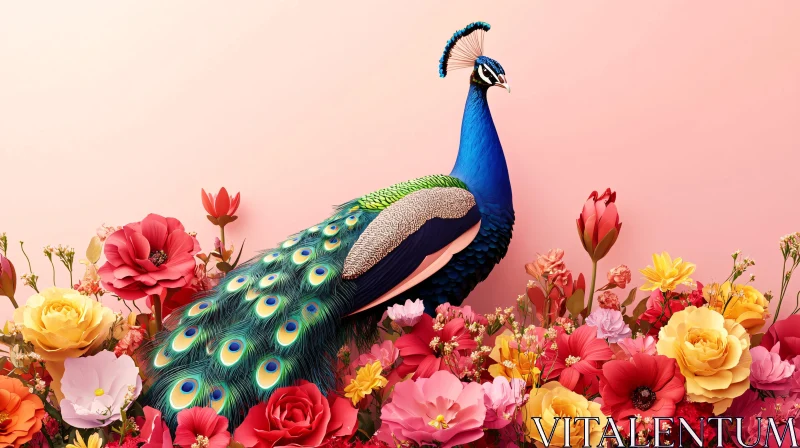 AI ART Peacock Surrounded by Colorful Blossom