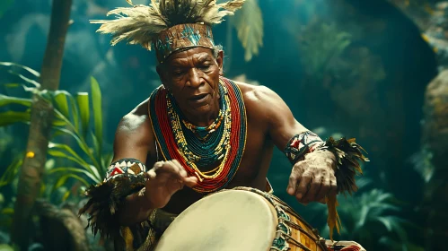 Indigenous Drummer in Jungle Setting