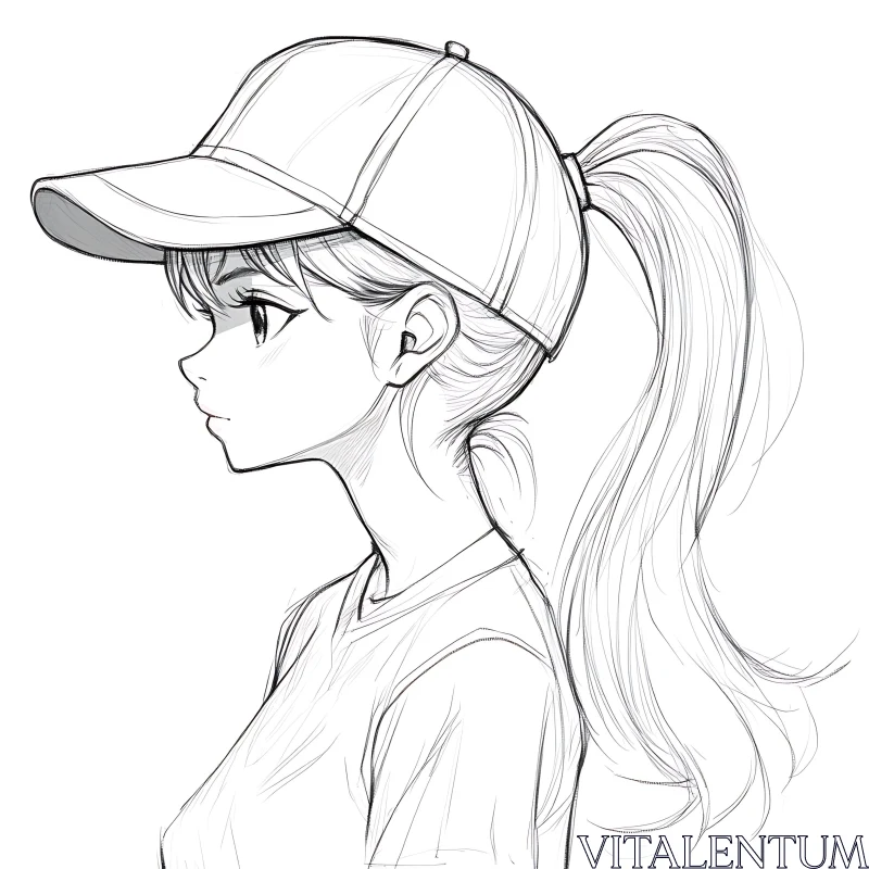 AI ART Anime Girl Sketch with Baseball Cap and Ponytail