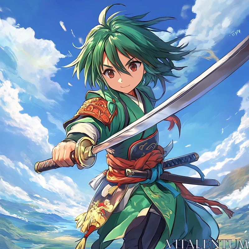 Green-haired Samurai Ready for Battle AI Image