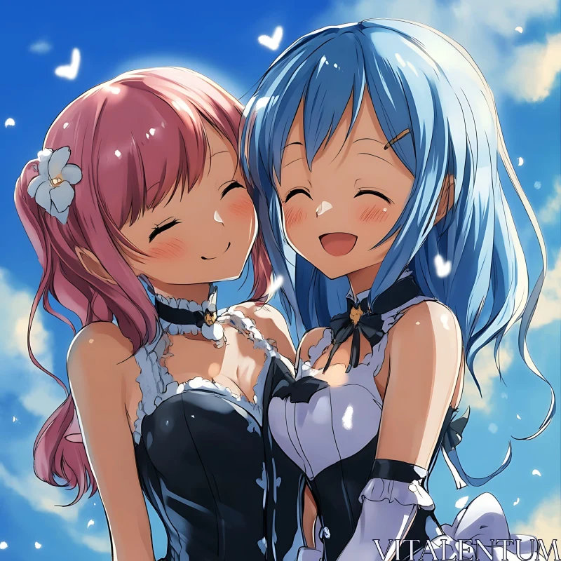 Happy Anime Girls With Pink And Blue Hair AI Image