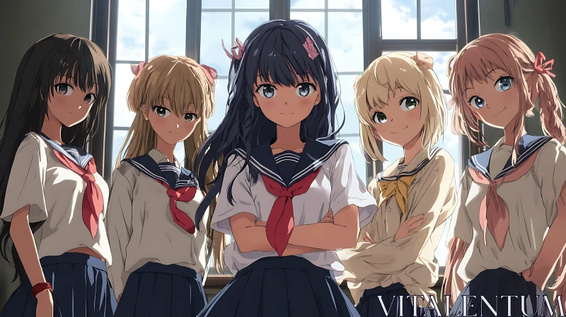 Group of Anime Girls in School Uniforms with Sunlight AI Image