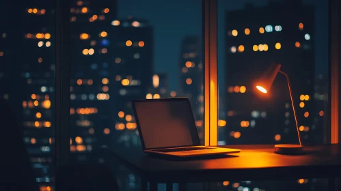 City Lights Laptop Workspace Night