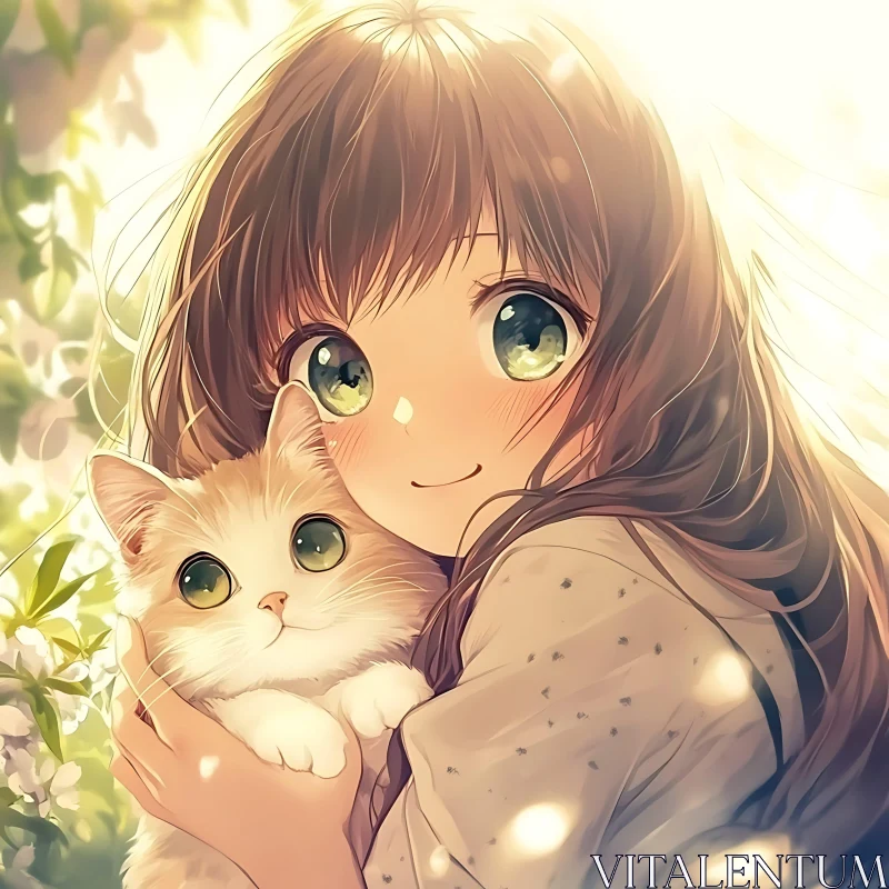 Adorable Anime Girl with Cat in Sunlight AI Image