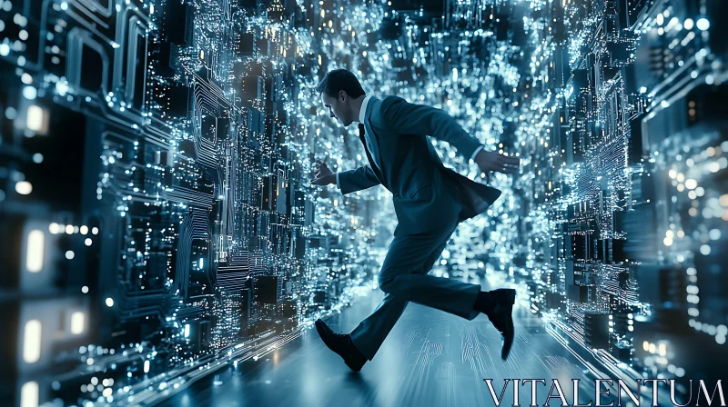 Man in Suit Running in Futuristic City AI Image