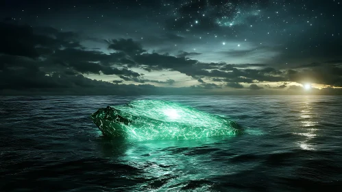 Glowing Rock on the Sea at Night