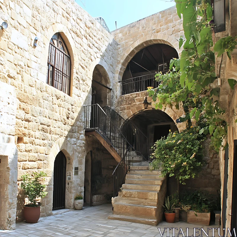 Ancient Courtyard with Stone Staircase and Green Plants AI Image