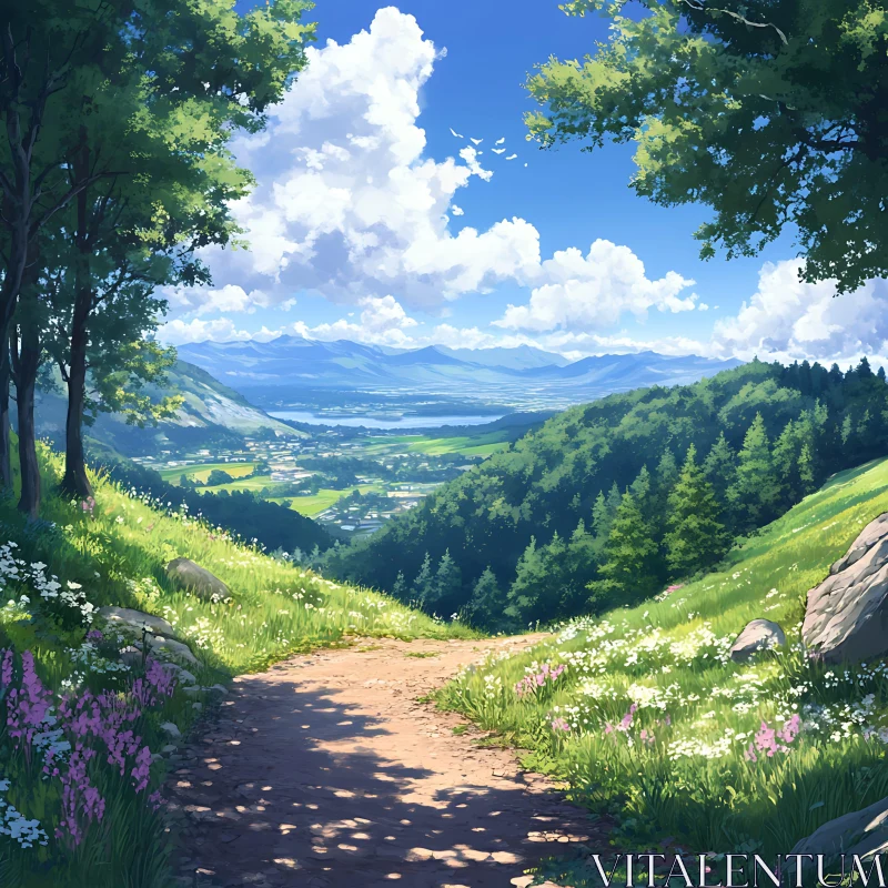 Tranquil Path through Forest Leading to Lush Valley AI Image