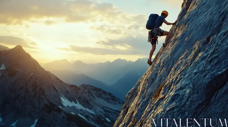 AI ART Mountain Climber Silhouette Against Sunset Sky