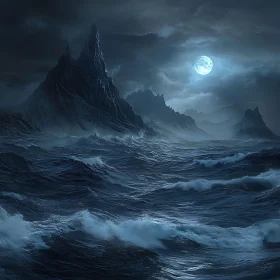 Nocturnal Ocean Scene with Mountains