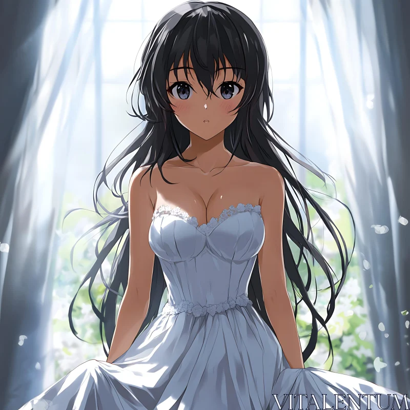 Beautiful Anime Girl in White Dress and Sunlight AI Image