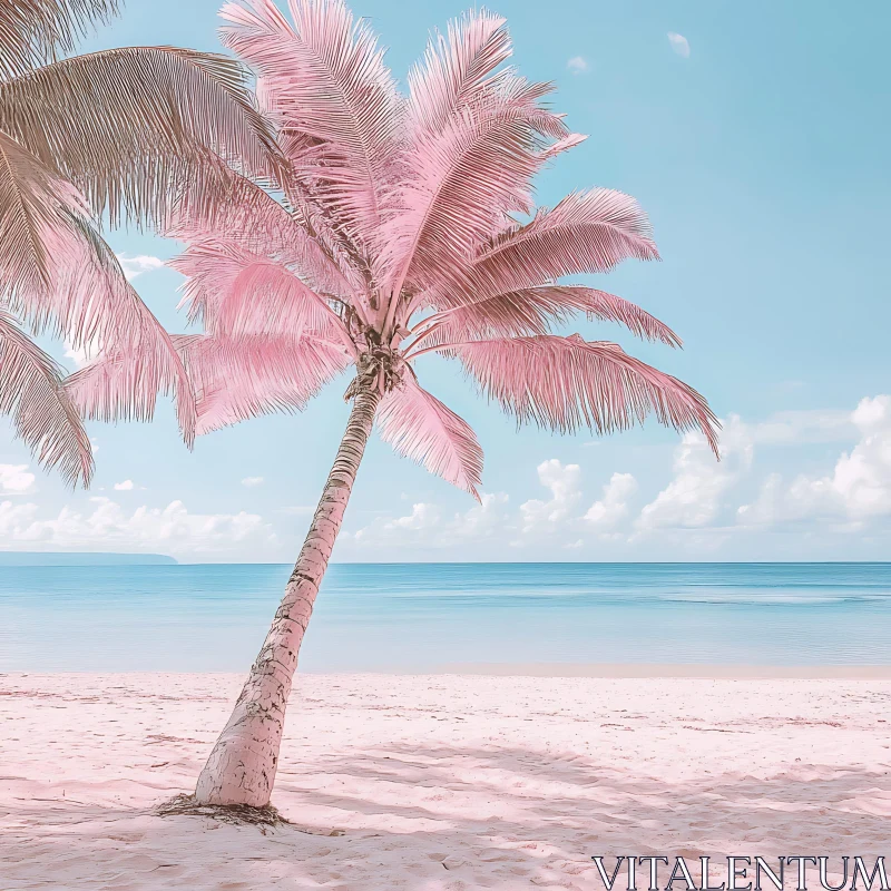 Tropical Beach with Pink Palm Tree AI Image