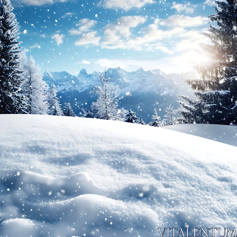 AI ART Winter Mountain Landscape with Snowfall