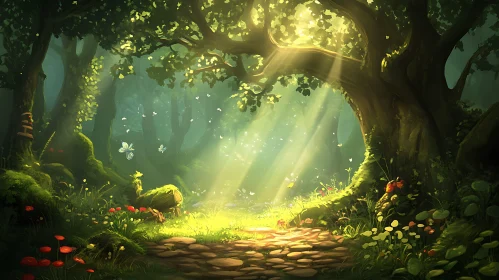 Magical Forest Scene with Sunbeams and Butterflies