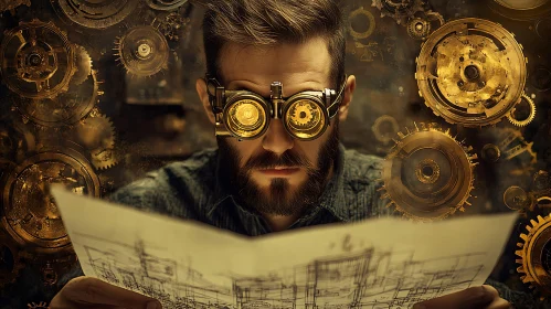 Man with Goggles Studying Gears Blueprint