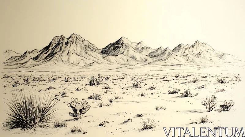 AI ART Desert Mountain Range Monochrome Drawing