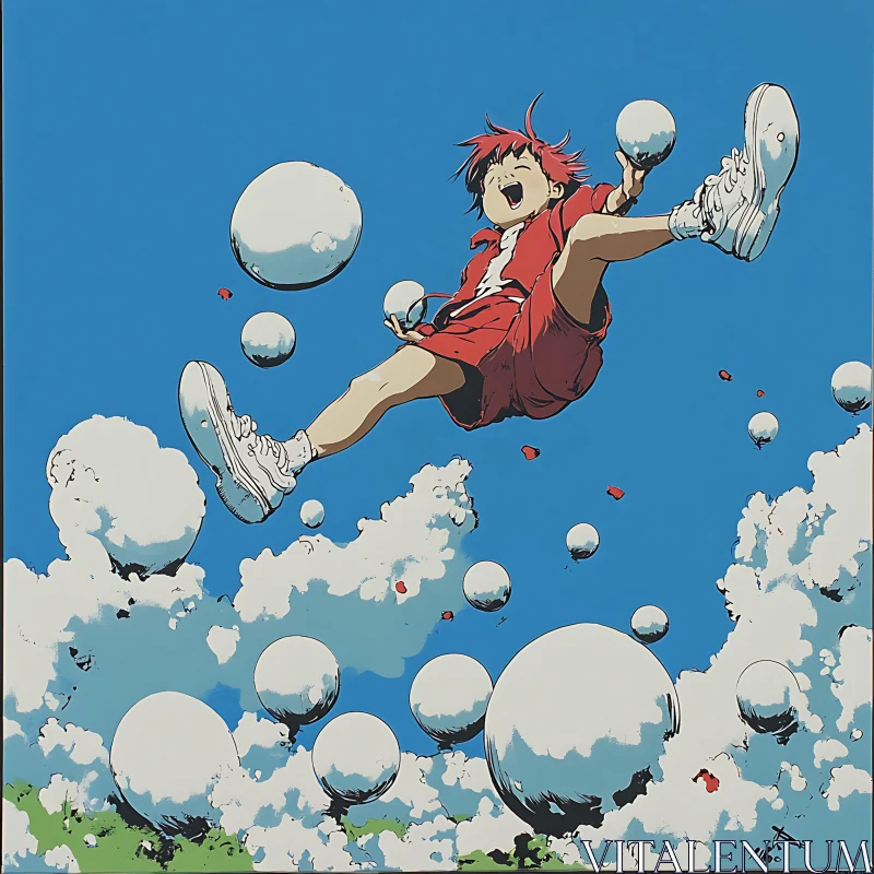 Joyful Floating Anime Boy in Blue Sky AI Image