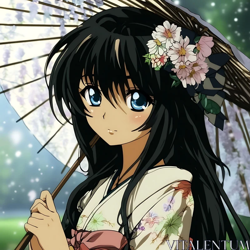 Traditional Anime Girl with Blue Eyes and Floral Accents AI Image