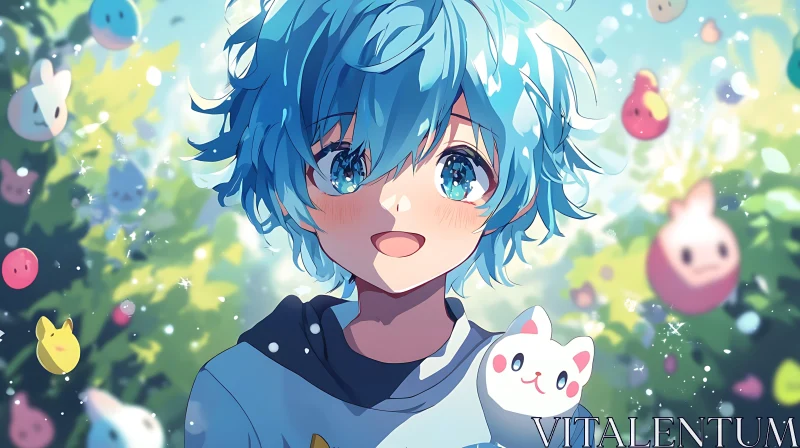 Blue-Haired Anime Character in a Fantasy Setting AI Image