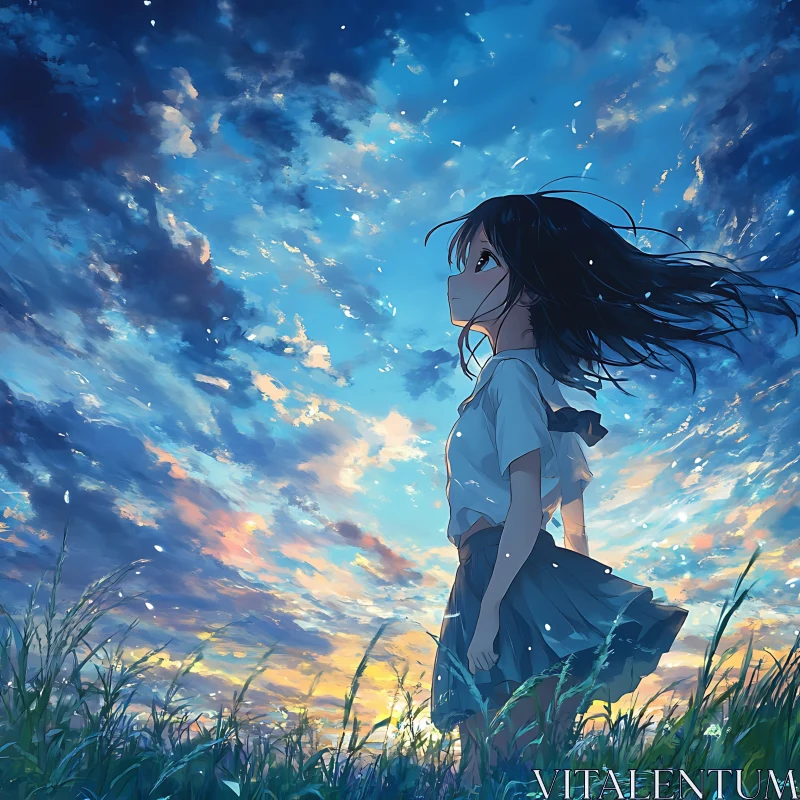 Wind-swept Anime Girl in Nature AI Image