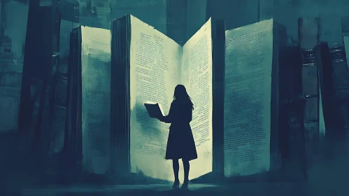 Woman Reading Before Enormous Books