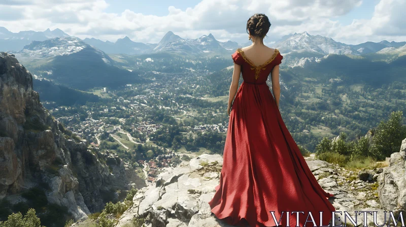 Scenic Mountain View with Woman in Red AI Image