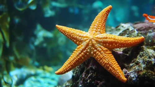 Orange Starfish on Rock in Ocean