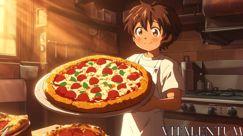 Youthful Anime Chef with Pepperoni Pizza AI Image